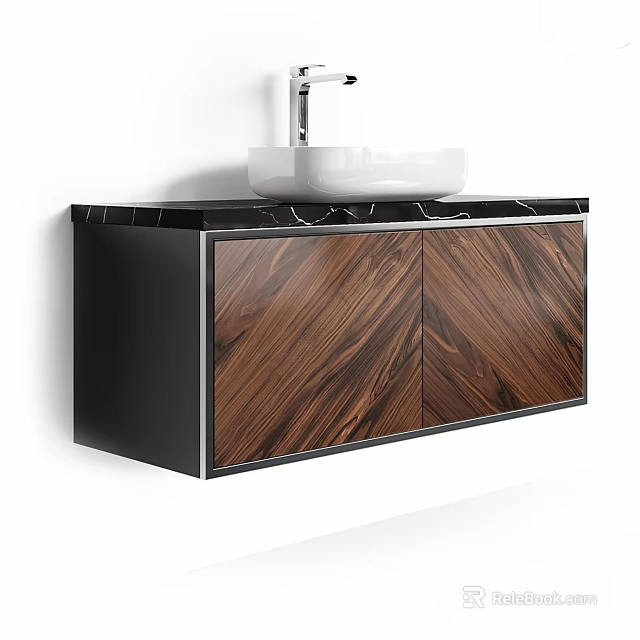 Modern Bathroom Vanity With Black Marble Countertop White Basin Faucet And Wood Grain Cabinet 3d model 