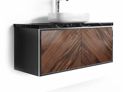 Modern Bathroom Vanity With Black Marble Countertop White Basin Faucet And Wood Grain Cabinet 3d model