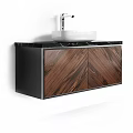 Modern Bathroom Vanity With Black Marble Countertop White Basin Faucet And Wood Grain Cabinet