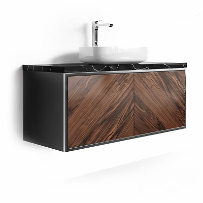 Modern Bathroom Vanity With Black Marble Countertop White Basin Faucet And Wood Grain Cabinet 3d model