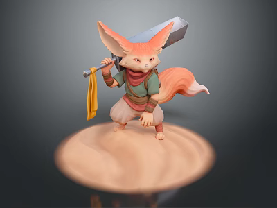 Fox Game Character Crouching Holding Large Axe Wearing Green Top Red Scarf And Yellow Cape 3d model