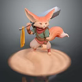 Fox Game Character Crouching Holding Large Axe Wearing Green Top Red Scarf And Yellow Cape