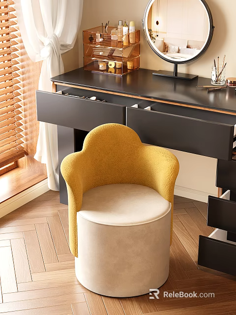 Yellow Upholstered Stool in Modern Interior With Black Drawer Cabinet and Wooden Floor 3d model 