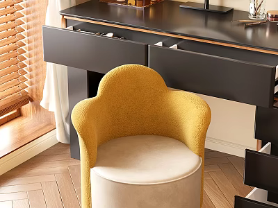 Yellow Upholstered Stool in Modern Interior With Black Drawer Cabinet and Wooden Floor 3d model