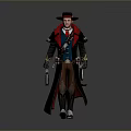 Steampunk Cowboy Character In Wide Brim Hat Long Coat With Wolf Companion And Leather Gear