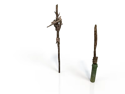 Two Handmade Wooden Tools With Rope Bindings Long Stick And Green Handle 3d model
