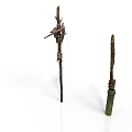 Two Handmade Wooden Tools With Rope Bindings Long Stick And Green Handle