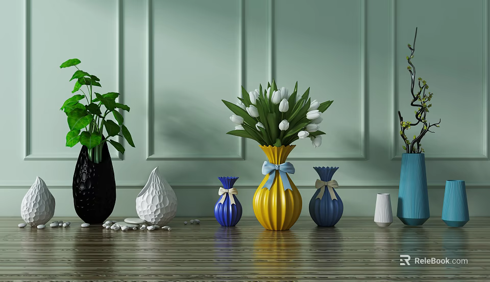 Colorful Vases With Flowers White Tulips Green Plants And Bowknot Decor On Wooden Surface 3d model 