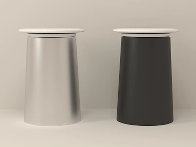 Two Modern Cylindrical Stools With Silver And Black Bodies And White Round Seats 3d model