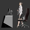 Modern White Geometric Reception Desk With Woman Computer Monitor And Decorative Sculpture