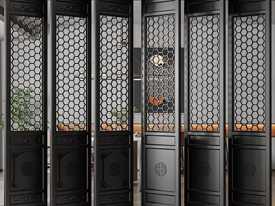 Traditional Chinese Black Screen Doors With Hexagonal Lattice And Wooden Details 3d model