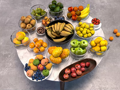 Colorful Assorted Fresh Fruits in Glass Bowls and Plates on Marble Table 3d model