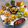 Colorful Assorted Fresh Fruits in Glass Bowls and Plates on Marble Table