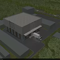 Modern Industrial Factory Building Exterior With Surrounding Trees And Truck Near Road