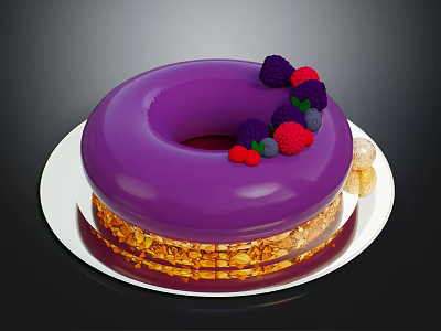 Purple Ring Cake Topped With Fresh Berries And Golden Layered Base 3d model