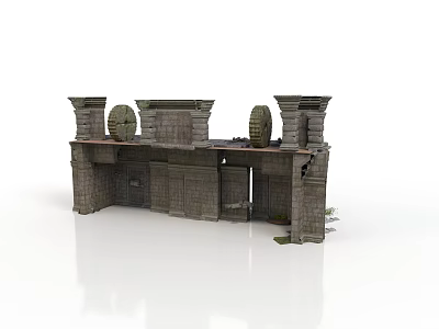 Modern Weathered Stone Archway Structure With Columns Circular Decorations And Small Plants 3d model