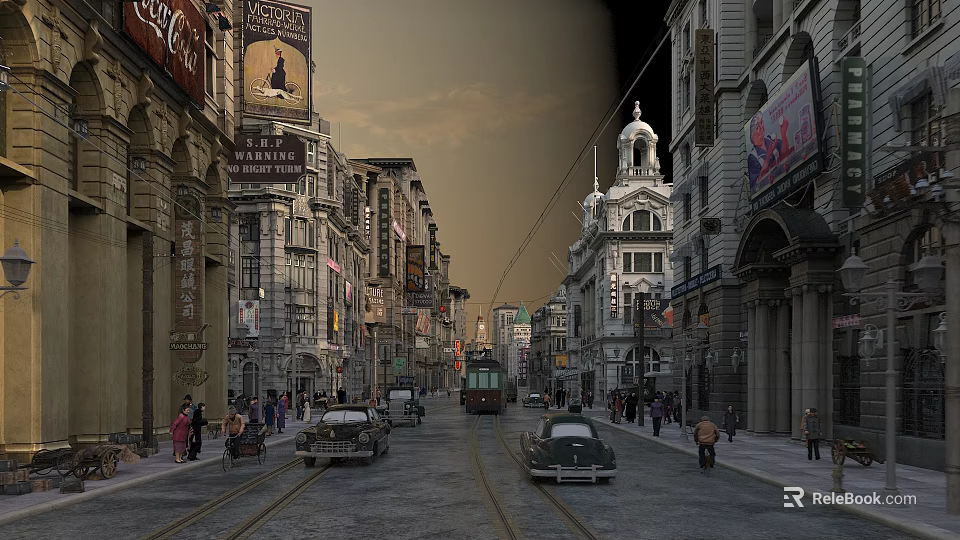 Historic Vintage Commercial Street With Tram Vintage Cars Pedestrians And Billboards 3d model 