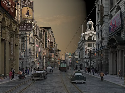 Historic Vintage Commercial Street With Tram Vintage Cars Pedestrians And Billboards 3d model