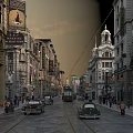 Historic Vintage Commercial Street With Tram Vintage Cars Pedestrians And Billboards