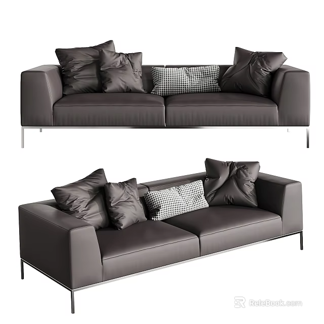 Dark Gray Leather Two Seater Sofa With Multiple Checkered And Solid Cushions And Metal Legs 3d model