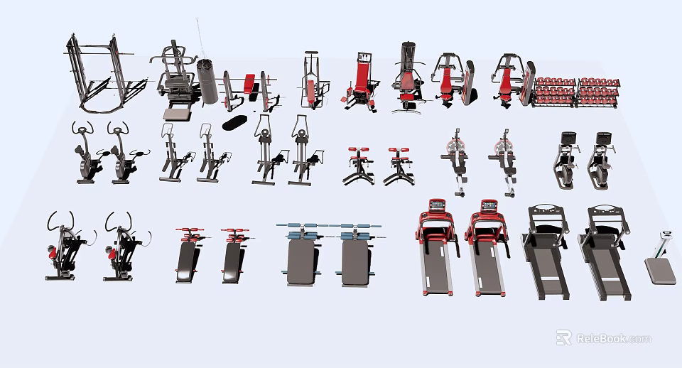 Various Sports Equipment Including Treadmills Strength Training Machines and Exercise Bikes 3d model 