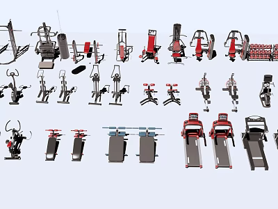 Various Sports Equipment Including Treadmills Strength Training Machines and Exercise Bikes 3d model