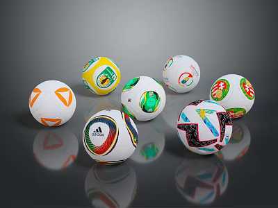 Colorful Soccer Balls With Diverse Patterns And Brand Logos On Reflective Surface 3d model