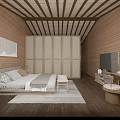 Hotel Room Interior Featuring Wooden Walls Ceiling Canopy Bed TV And Area Rug