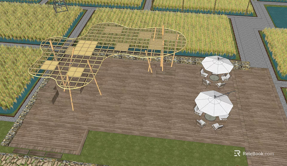 Scenic Landscape With Wooden Deck Golden Grassland Wooden Lattice Structure White Umbrellas And Tables Chairs 3d model 