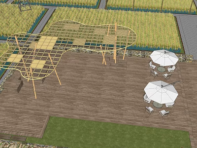 Scenic Landscape With Wooden Deck Golden Grassland Wooden Lattice Structure White Umbrellas And Tables Chairs 3d model