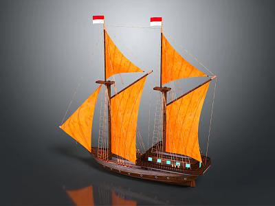 Sailing Ship with Orange Sails Two Masts Red White Flags Brown Hull and Reflection 3d model