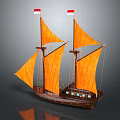 Sailing Ship with Orange Sails Two Masts Red White Flags Brown Hull and Reflection