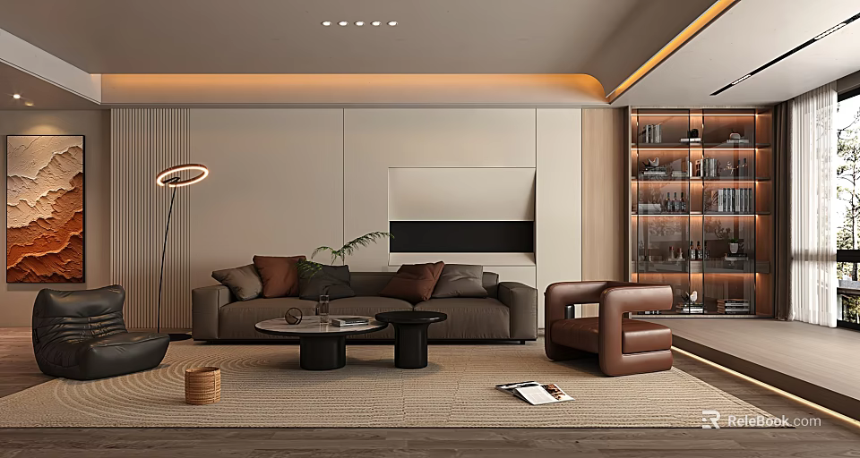 Modern Living Room Interior Design With Brown Sofa Armchair Coffee Table And Wooden Shelves 3d model 
