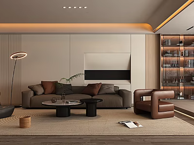 Modern Living Room Interior Design With Brown Sofa Armchair Coffee Table And Wooden Shelves 3d model