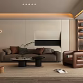 Modern Living Room Interior Design With Brown Sofa Armchair Coffee Table And Wooden Shelves