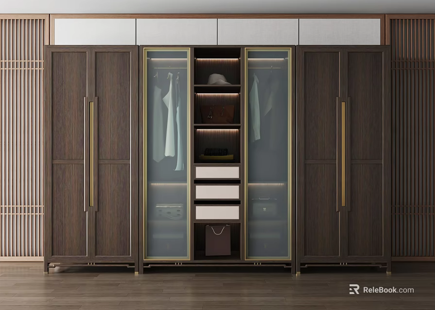 Modern Wooden Wardrobe With Glass Doors Brass Handles Storage Shelves And Drawers 3d model 