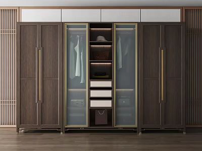 Modern Wooden Wardrobe With Glass Doors Brass Handles Storage Shelves And Drawers 3d model
