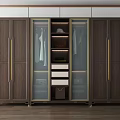 Modern Wooden Wardrobe With Glass Doors Brass Handles Storage Shelves And Drawers