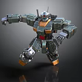 Metallic Armored Mech Warrior In Battle Stance With Green Orange Armor And Detailed Limbs