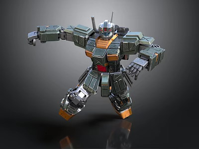 Metallic Armored Mech Warrior In Battle Stance With Green Orange Armor And Detailed Limbs 3d model