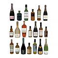 Diverse Wine Bottles and Glasses Collection with Various Alcohol Brands and Styles