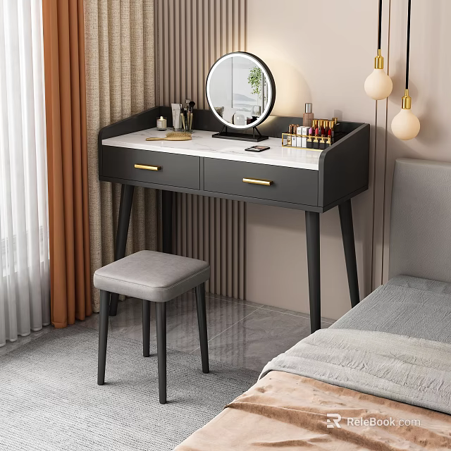 Modern Vanity Table With Round Mirror Stool And Cosmetics In Bedroom 3d model 