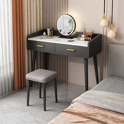 Modern Vanity Table With Round Mirror Stool And Cosmetics In Bedroom 3d model