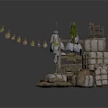 Rustic Storage Building With Wooden Crates Stacked Sacks Clay Pots And Small Tree