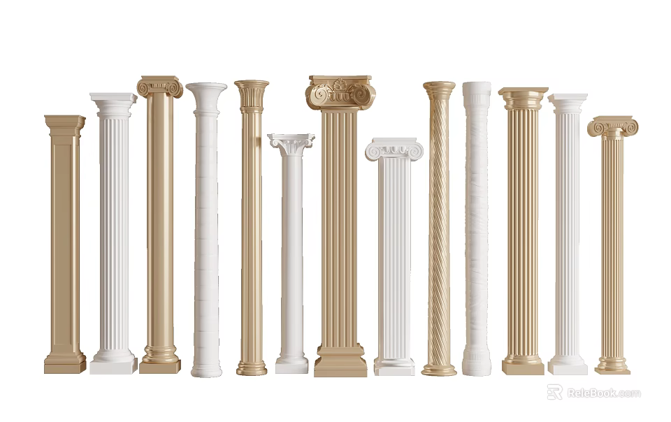 Roman Columns with Various Styles and Gold White Decorative Designs 3d model 