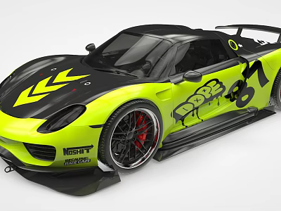 Yellow And Black Sports Car With Racing Decals Edge 81 Rear Spoiler Red Brake Wheels 3d model