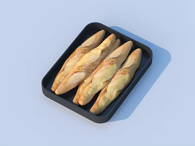 Freshly Baked Golden Baguettes Arranged In Black Tray For Bakery 3d model