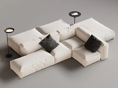 Modern White Sectional Sofa With Black Cushions Modular Design And Side Tables Floor Lamps 3d model