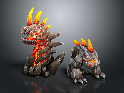 Two Fantasy Rock Creatures with Flaming Spikes Lava Veins and Glowing Eyes Design 3d model