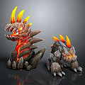 Two Fantasy Rock Creatures with Flaming Spikes Lava Veins and Glowing Eyes Design